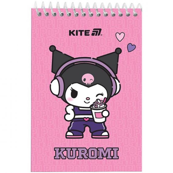 Блокнот А-6 48аркушів чисті рожеві , спіраль верхня, картонна обкл., Kuromi Kite