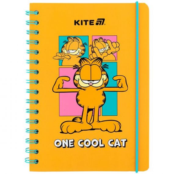 Блокнот на резинке А-5 80листов клетка, спираль боковая, твердая обложка Garfield