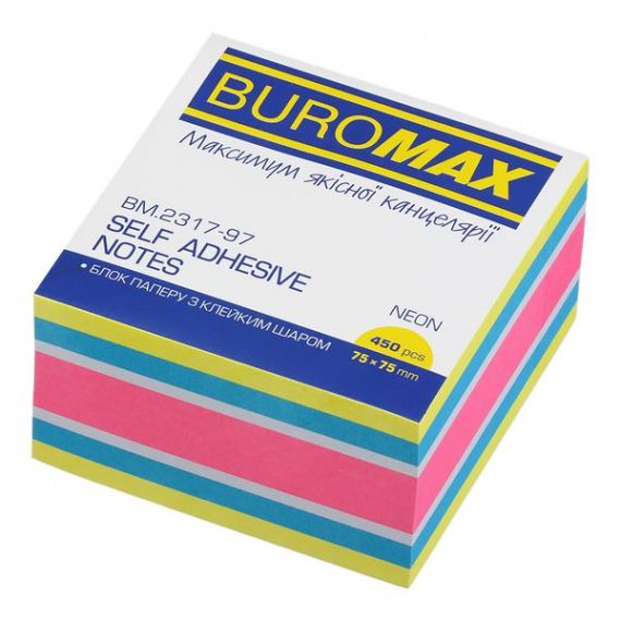 Папір для нотаток кл 75х75/450арк неон mix Buromax