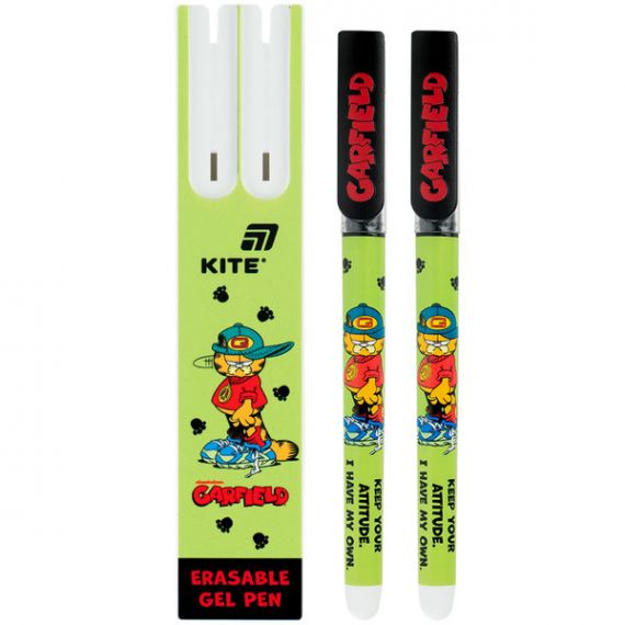 Ручка гелева Kite Garfield "пиши-стирай" синя, 2шт у пеналі