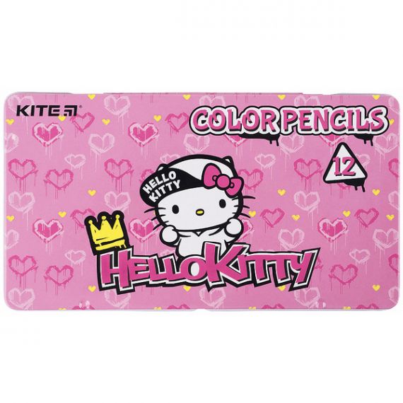 Олівці кольорові 12шт Kite Hello Kitty в металевому пеналі трикутні