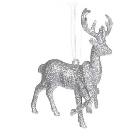 Олень 11см серебристого цвета с глиттером пластик, подвеска Олень 11см серебристого цвета с глиттером пластик, подвеска