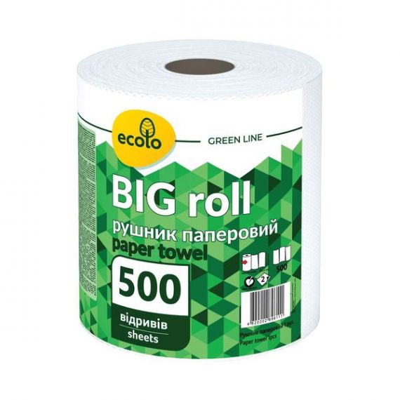 Рушник паперовий Ecolo 2-шаровий, 500 аркушів, целюлозний 1рулон Рушник паперовий Ecolo 2-шаровий, 500 аркушів, целюлозний 1рулон