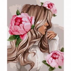 Картина по номерах 40х50см Дівчина з рожевими півоніями +алмазна мозаіка SANTI