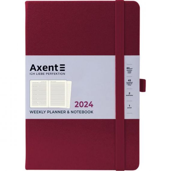 Еженедельник датированный Axent 2024 А-5 Partner Strong на резинке, твердая обложка, винный