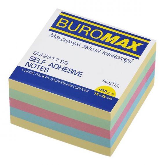 Папір для нотаток кл 75х75/450арк пастель mix Buromax