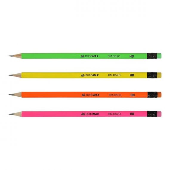 Олівець графітний Buromax НВ неон з гумкою