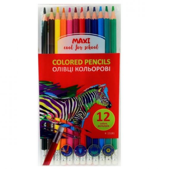 Карандаши цветные 12шт. Maxi пластиковые шестигранные стираються, с ластиком Карандаши цветные 12шт. Maxi пластиковые шестигранные стираються, с ластиком