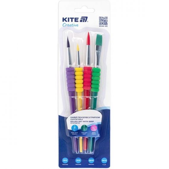 Набір пензликів синтетика 4шт з грипом (№2,6,10) круглі, (№12) пласка Kite Creative