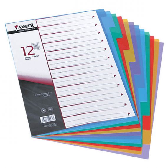 Розділювач сторінок пластик А-4 1-12 розділів кольоровий (без цифр) Axent