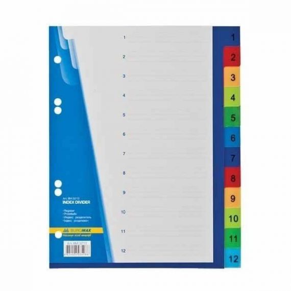 Разделитель страниц пластик А-5 1-12 разделов цветной (с цифрами) Buromax