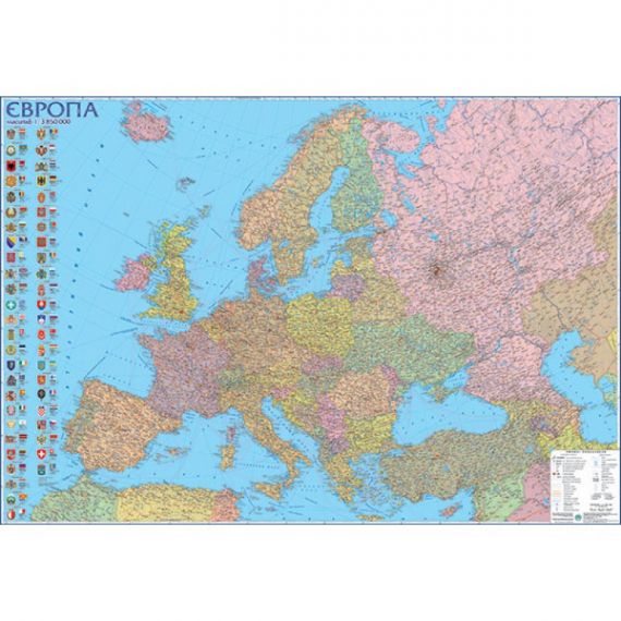 Карта Європи Політична М1:3 850 000 160х110см картон/лак/планки
