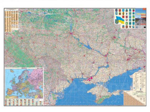 Карта автошляхів України/Європи М1:850 000 160х110см 2аркуша папір/ламін./планки НОВА