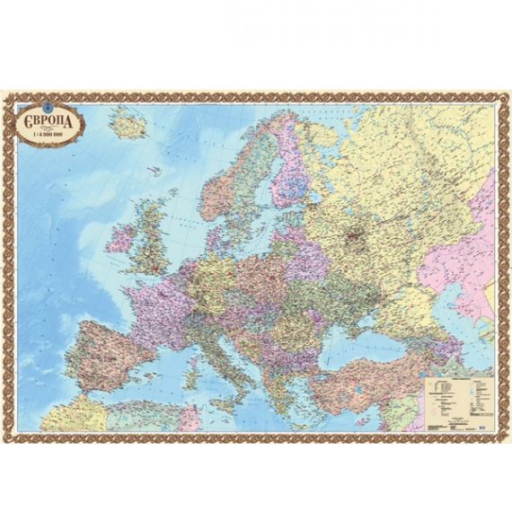 Карта Європи Політична М1:4 000 000 158х108см картон/ламін./планки Картографія