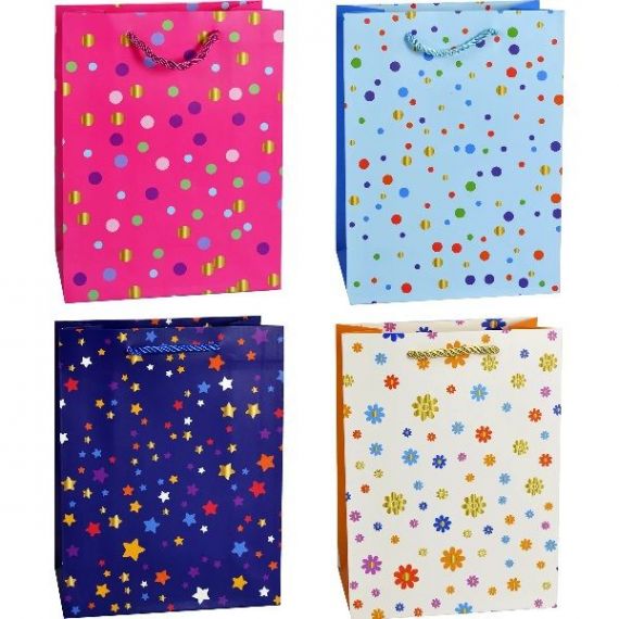 Пакет 18х23х8см паперовий Зірки, Квіти, Горох Пакет 18х23х8см паперовий Зірки, Квіти, Горох