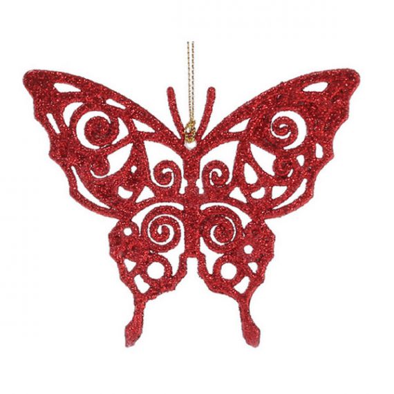 Бабочка 11см красная с глиттером пластик, подвеска