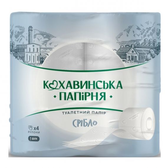 Папір туалетний рулон з гільзою 170 відривів 3-шаровий 4шт целюлозний Кохавинка