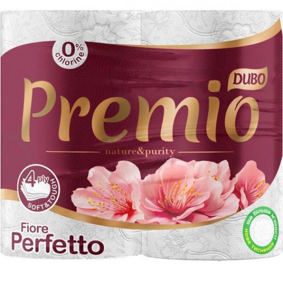 Папір туалетний рулон з гільзою 4шт 4-шаровий целюлозний Диво Premio Fiore Perfetto