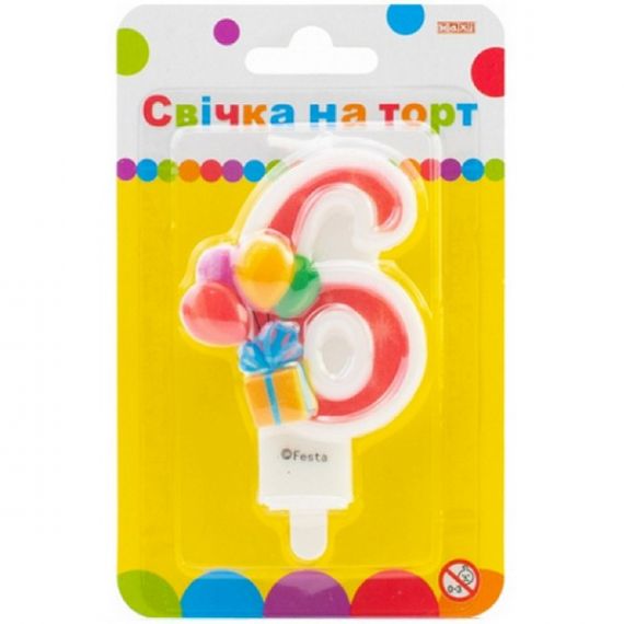 Свічка-цифра 6 із зображенням надувних кульок, 7,62 см Свічка-цифра 6 із зображенням надувних кульок, 7,62 см