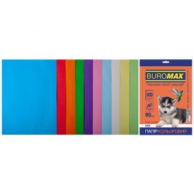 Папір кольоровий двосторонній А-4 20 аркушів 80г 10 кольорів (пастель+інтенсів) Buromax